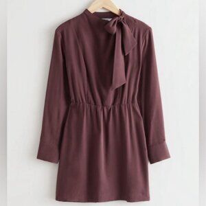 & other stories Cowl Neck Mini Maroon Dress, Bow Necktie